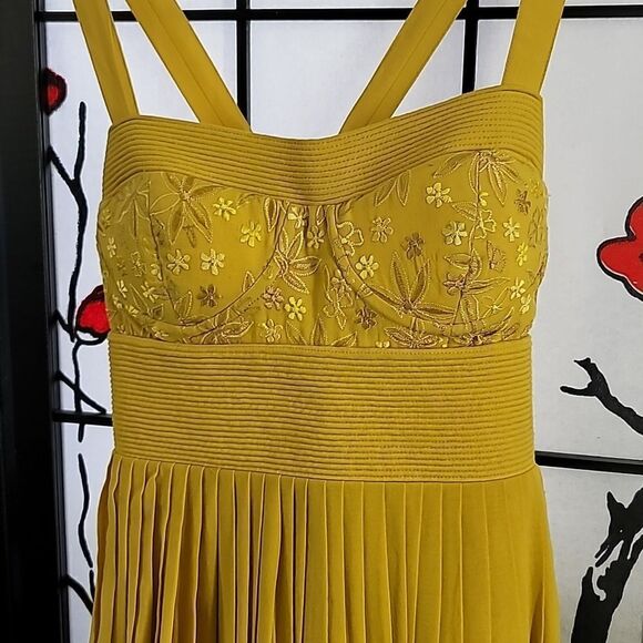 Anthropologie Anita Dongre Mustard Yellow Embroidered Pleated Cotton Dress. - Picture 6 of 14